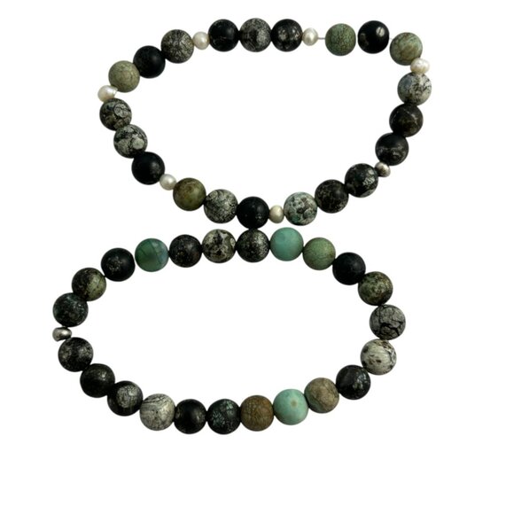 Lot 2 Stretch Bracelets Black Green Beaded Natural Stone Boho Jewelry Gift - Picture 4 of 10